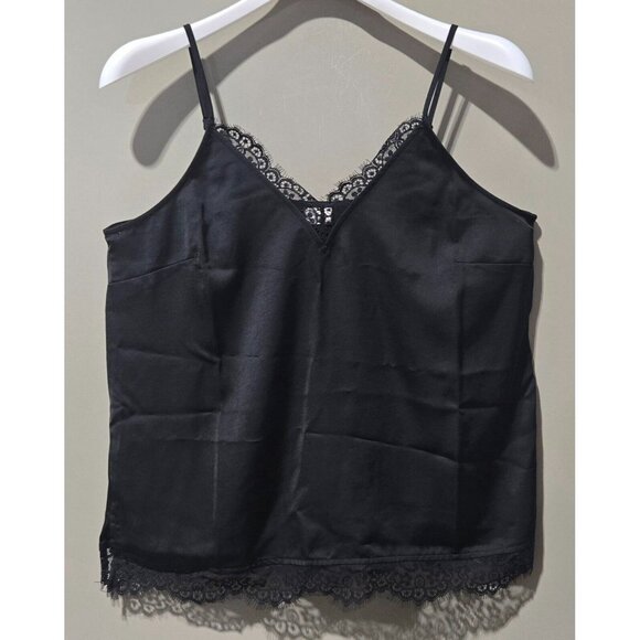 a new day Tops - A New Day Women's Black Satin Fabric Cami Top w/ All Hem Lace Trim